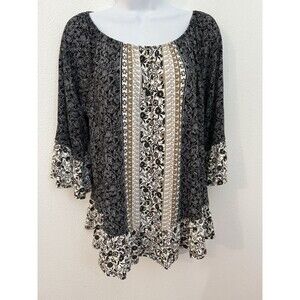 Style & Co Top Womens M Black Multicolor Floral Boho Peasant Knit Ruffle Stretch